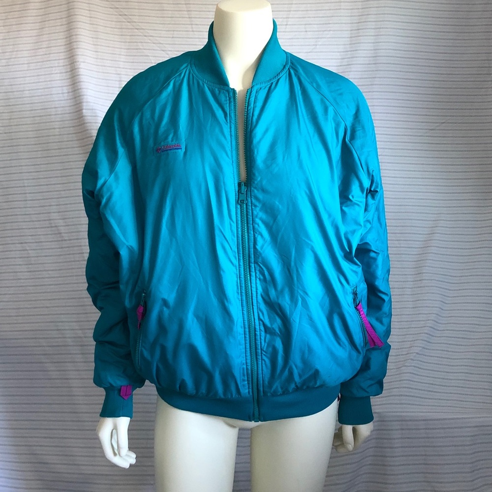 Vtg 90s Columbia Sportswear Bomber Jacket Reversible Teal/Purple Women’s Large